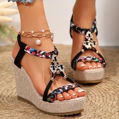 Sandali con Zeppa Decorati in Metallo da Donna Estate 2025 Sandali con Plateau Chunky Donna Fondo Spesso Sandali Bohemien Stampati