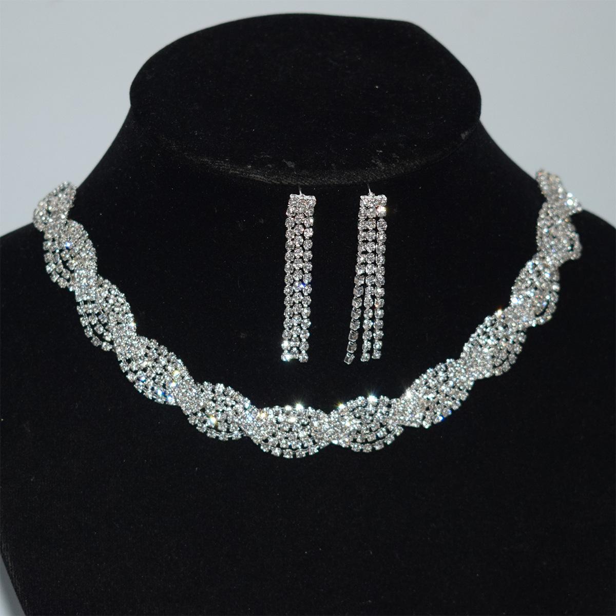 European and American Bride Ornament Braided Rhinestone Crystal Wedding Necklace Tassel Earrings Set Party Dress Accessories