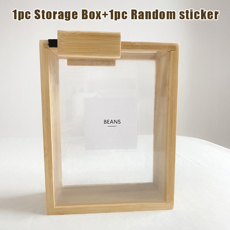 Bamboo Grain Storage Container Food Condiment Dispenser Transparent Sliding Lid Kitchen Storage Tank For Cereal, Rice, Flour