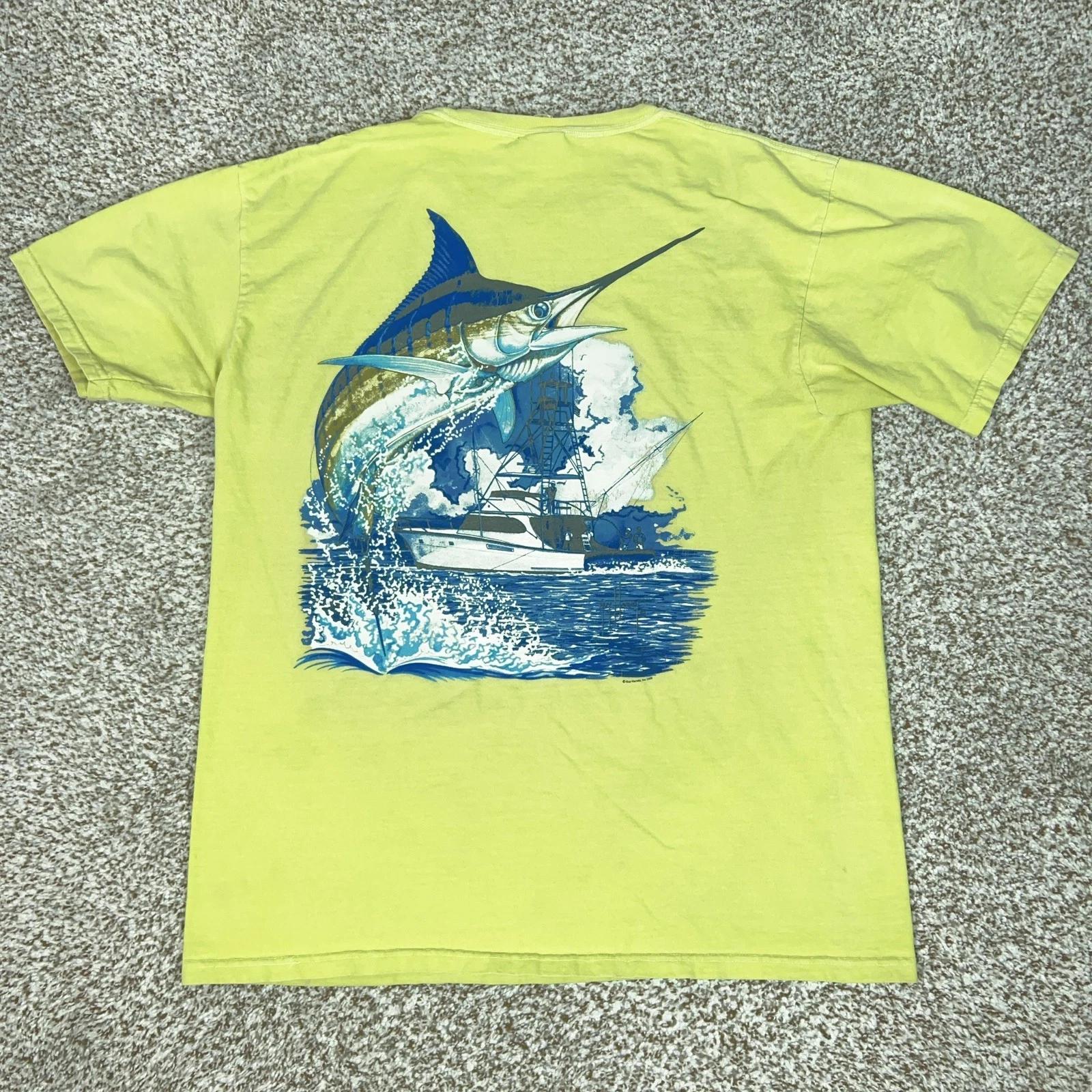 Guy Harvey Shirt Mens Large Yellow Marlin Boat Fishing Graphic Tee Ocean Vtg M