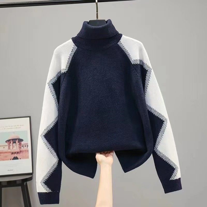 

Осенне-зимний женский свитер с высоким воротом, свободный толстый трикотаж, повседневные контрастные свитера, трикотажные топы M тёмно-синий