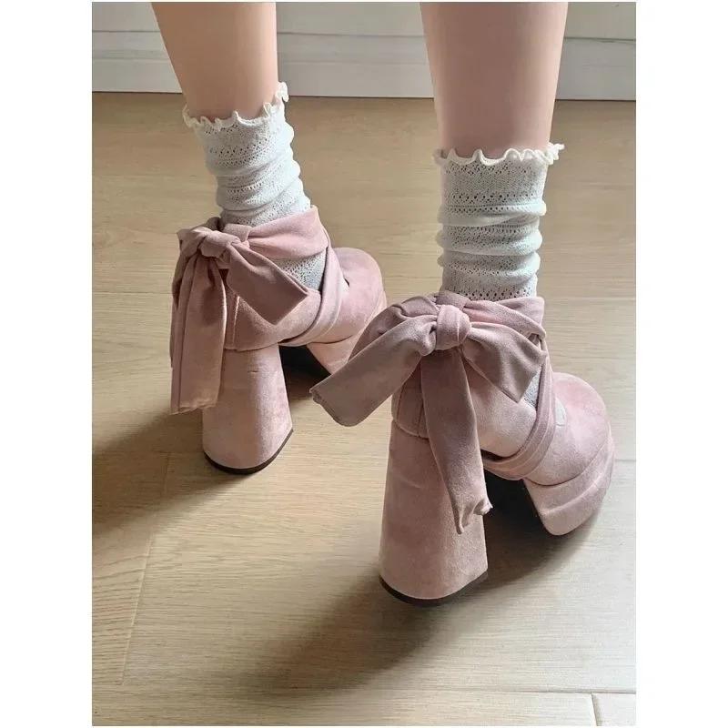 Fashion Platform Mary Janes Shoes Women Suede Luxury High Heel Lace Up Trend Lolita Shoes Elegant Chunky Party Pumps Zapatos De Mujer