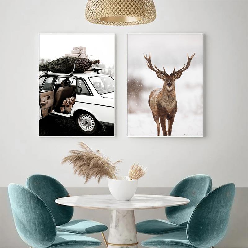 Winter Snow Forest Deer Owl Sunlight Landscape Painting Nordic Morning Scenery Canvas Poster Print Art Wall Pictures Home Decor