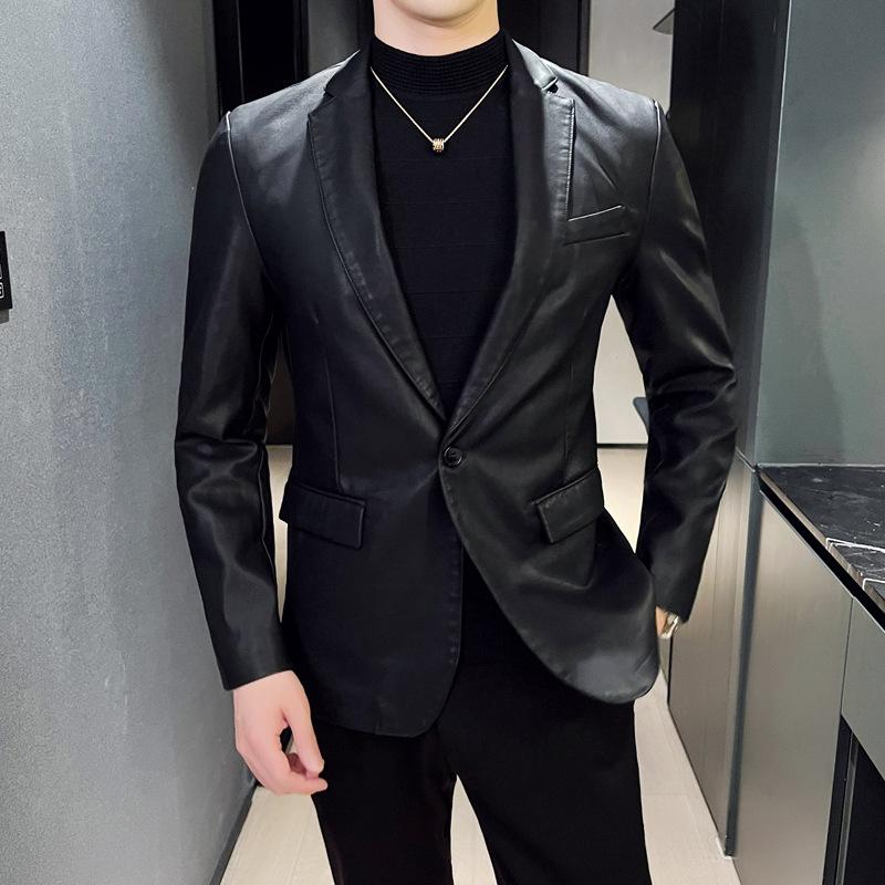 Nový oversized kožený oblek Pánská omyvatelná PU kožená bunda Úzký střih Business Ležérní Pánský kabát Kožená bunda