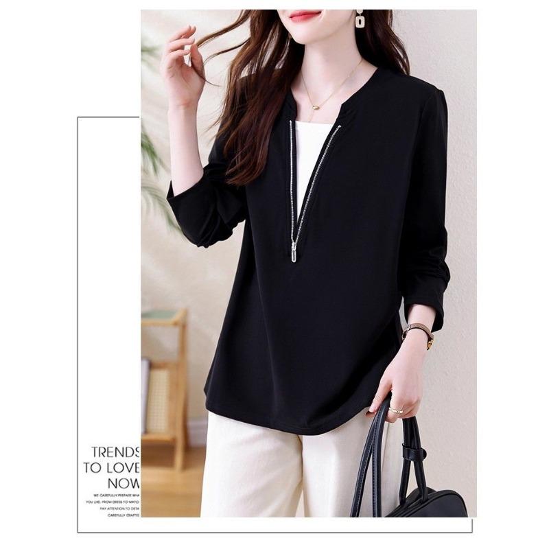 

Поддельная двухслойная футболка с длинными рукавами, базовая рубашка с контрастной молнией, круглый вырез, модный повседневный топ для осени и зимы L чёрный