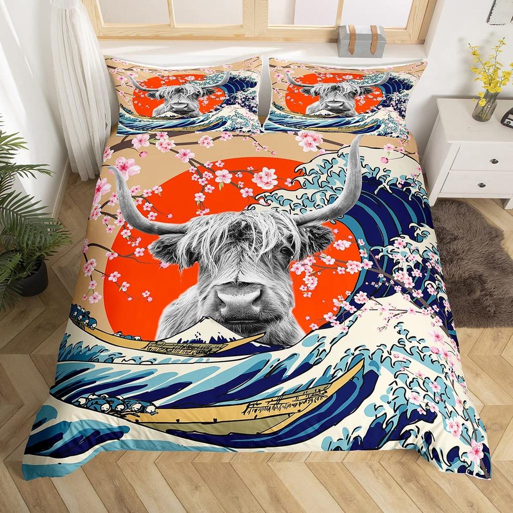 Kuh Bettbezug Set Twin King Size Bauernhoftier Bettwäsche Set Grüner Rankenblätter Druck Bettdeckenbezug Rustikale Holzbrett Steppdecke