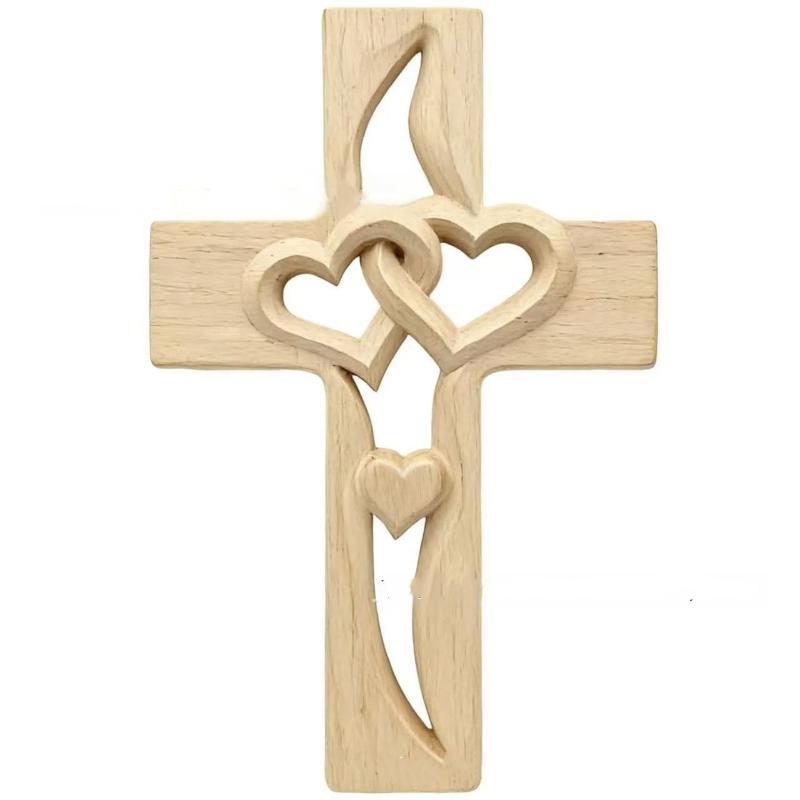 Hand-Carved Intertwined Hearts Cross Wall Decoration Rustic Wooden Double Hearts Cross Wall Sculpture Religious Decor