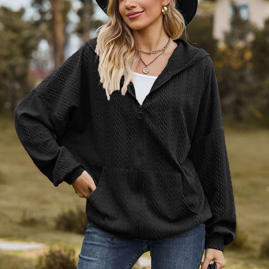 Reißverschluss-Hoodie-Sweatshirt für Damen Herbst Langarm Lässig Elastisch Einfache Jacke Einfarbig Kordelzug Damenmantel mit Taschen