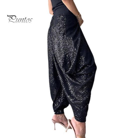 

Женские весенне-летние брюки-фонарики с эластичной резинкой на талии, широкие блестящие брюки, однотонные вечерние повседневные шаровары, уличная одежда S чёрный