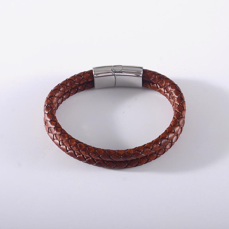 Кожаный браслет с кожаным ремешком, Браслет из нержавеющей стали, Браслет из натуральной кожи, Ретро кожаное кольцо, Мужской браслет из коровьей кожи 7.5in бордовый