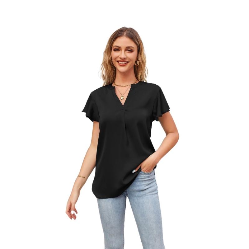 

Летняя футболка в европейском и американском стиле, новый женский атласный топ с v-образным вырезом и рюшами на рукавах, модный офисный топ S-2XL XL