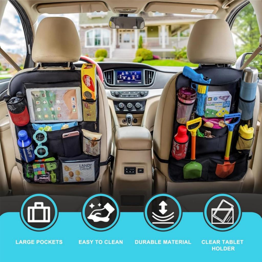 Universal Car Storage Bag&Backseat Organizer with Tablet Holder, Trunk Net,Fire Extinguisher Fixer, Seat Protector Car Organizer