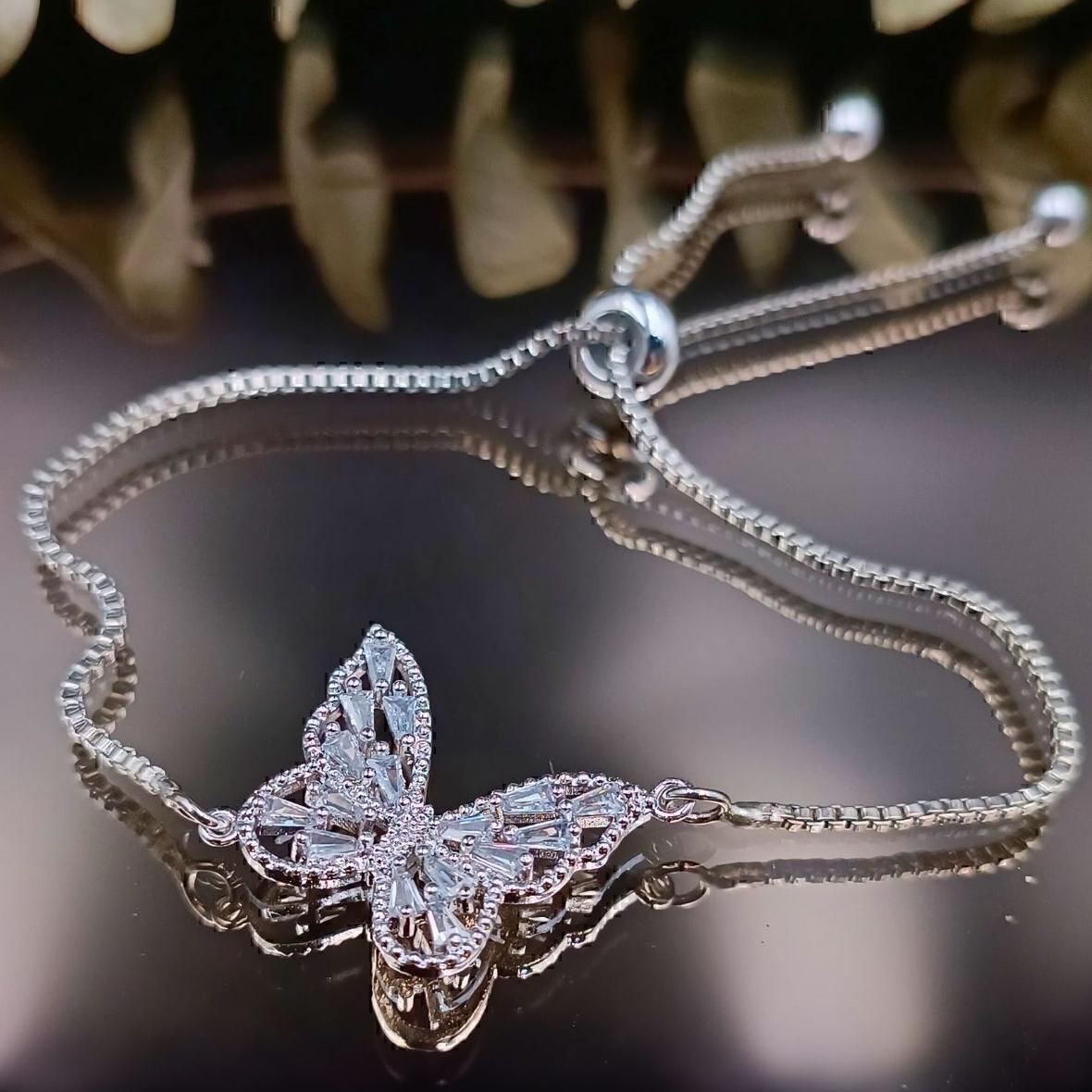 

Women s Silver Color Elevator Chain Butterfly Zircon Stone Steel Bracelet