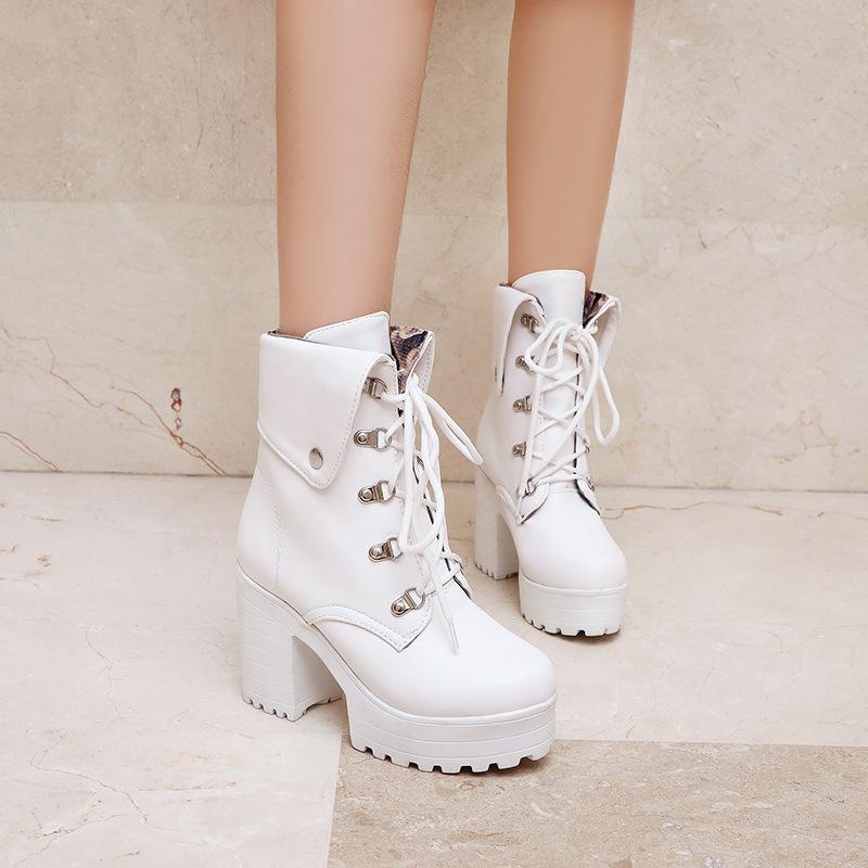 Large Size Martin High Heel Boots Coarse Heel Women's Shoes Winter Round Head - Versatile European and American White