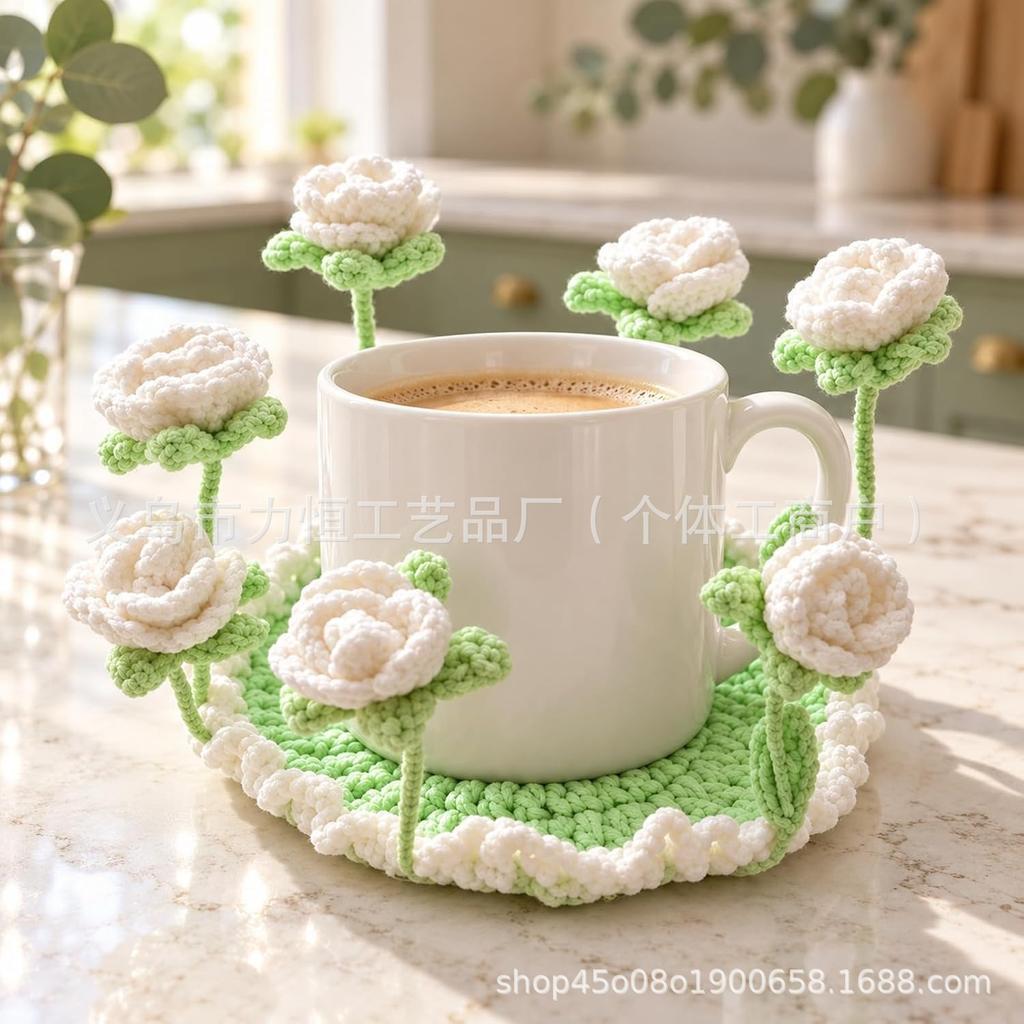 Handmade Crochet Flower Coaster for Coffee Mug, Cute Knitted Cup Mat, Table Decor Gift