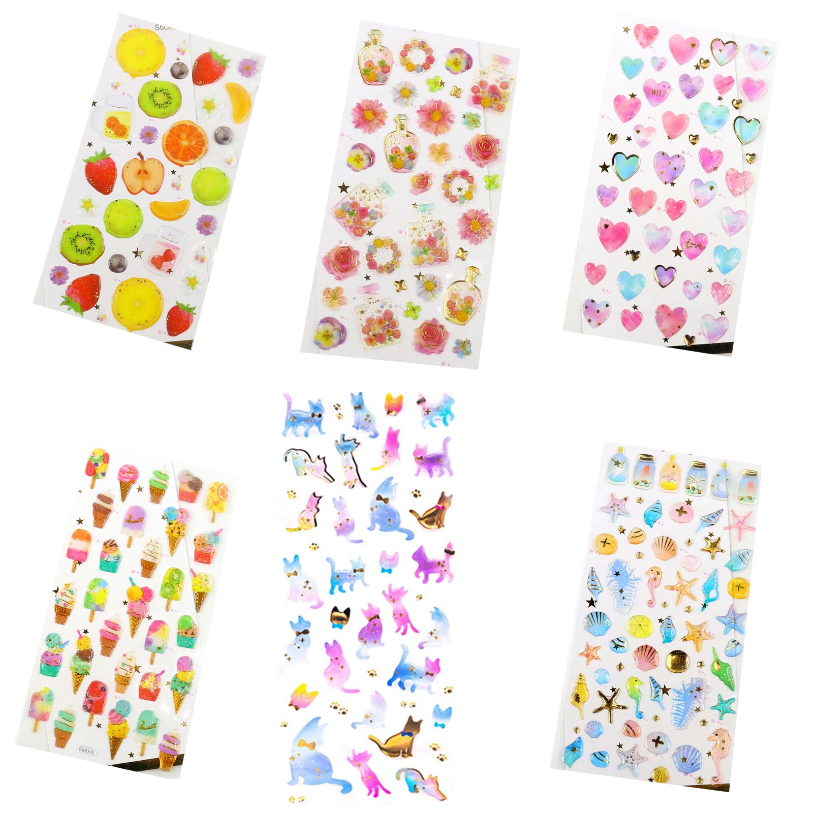 6Sheets Cartoon Embossed PVC Resin Sticker Gold Foil Decorative Sticker for Journal Planner Scrapbooking Decoration