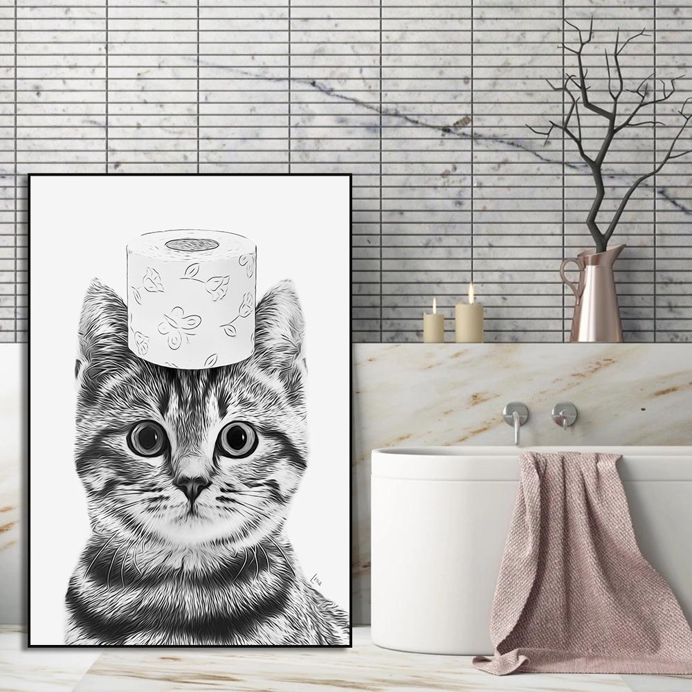 Schwarz und Weiß Niedliches Tier und Toilettenpapier Poster Affe Waschbär Katze Hund Hai Leinwand Malerei Wandkunst Badezimmer Heimdeko