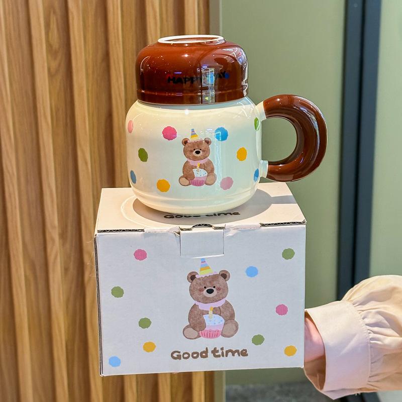 Milk fufu cute bear kettle large capacity ceramic mug with lid spoon couple coffee cup female birthday gift