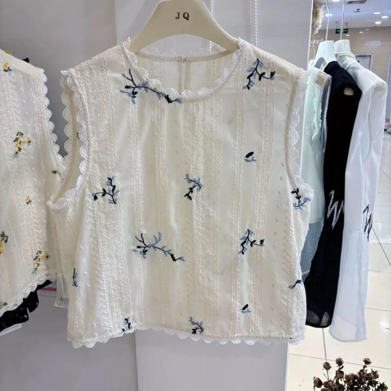 Round Neck Lace Splicing Sleeveless Vest for Women Summer Sweet Embroidered Flowers Casual Versatile Top