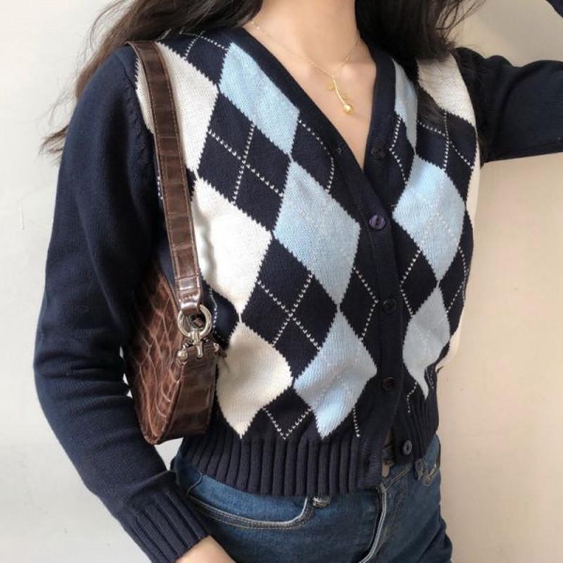 2024 Autumn Women's American Retro V-neck Diamond Pattern Cropped Knit Cardigan