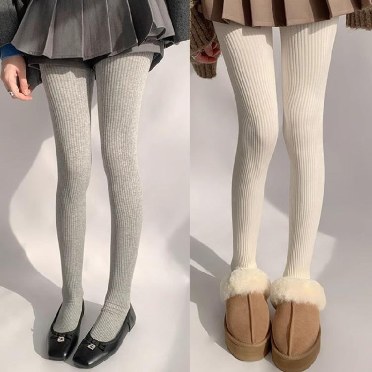 Women Solid Color Thicken Cotton Pantyhose Ribbed Knit Striped Sweater Tights