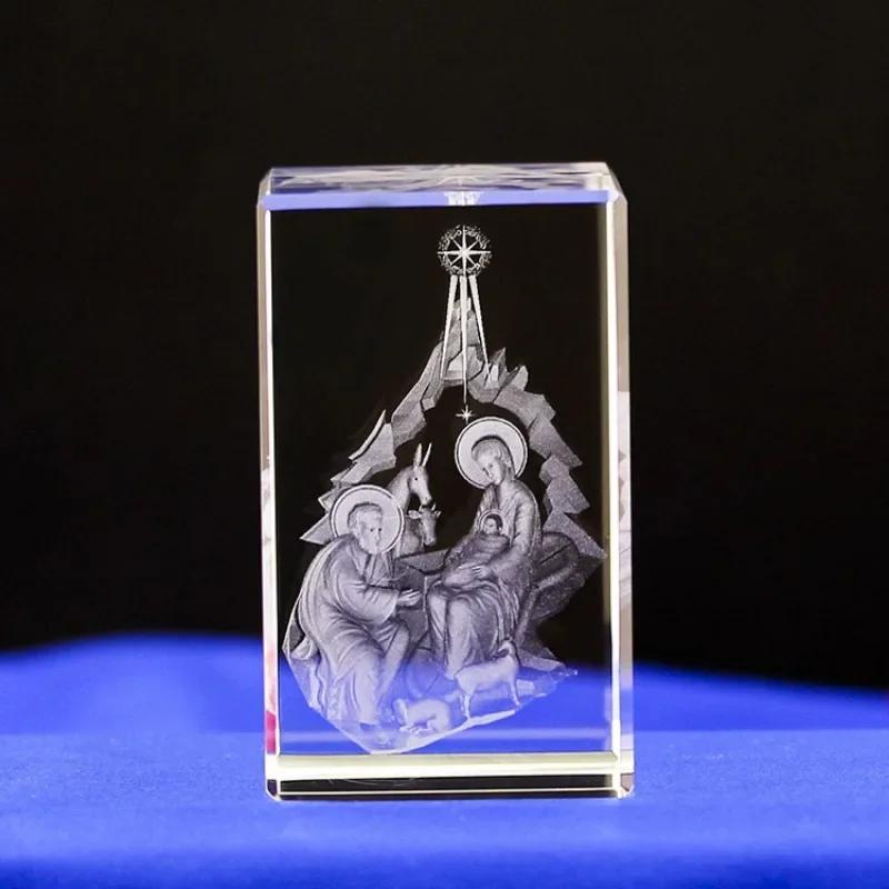 3D  Crystal Cube Christian Jesus Cross Figurine Home Decor Virgin Mary Laser Engrave Crystal Religious Gifts for Women's Birth