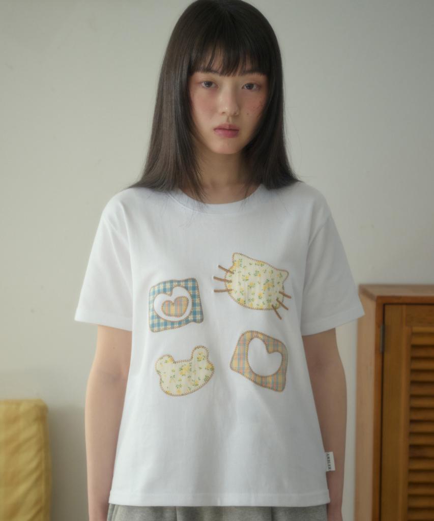 AMBLER Meow Bear Applique Embroidery Short Sleeve T-Shirt As1309 (White)