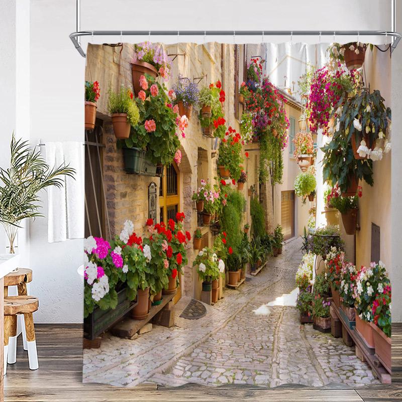 Seaside Town Shower Curtain Blue Ocean Floral Mountain Italian Architectural Scenery Bath Curtains Polyester Home Bathroom Decor