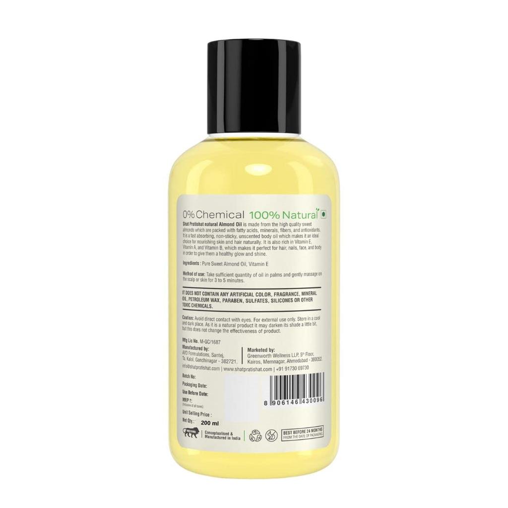 Pure Sweet Almond Oil | 200 ml | Cold Pressed, Virgin Grade, Organic Oil, Natural Nourishment For Hair, Face