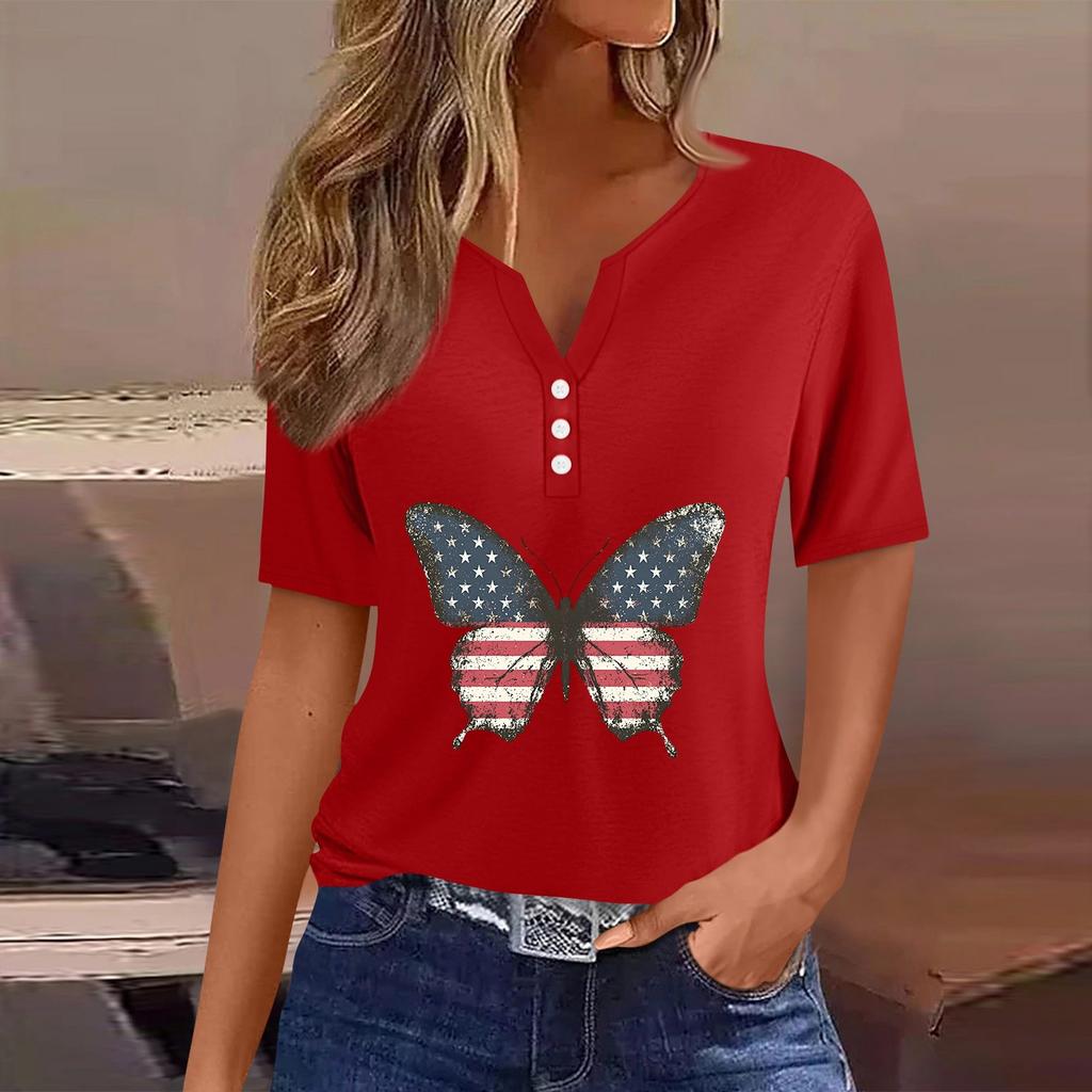 Women's T Shirt Tee Independence Day Print Button Short Sleeve Daily Weekend Fashion Basic V-Neck Regular Top