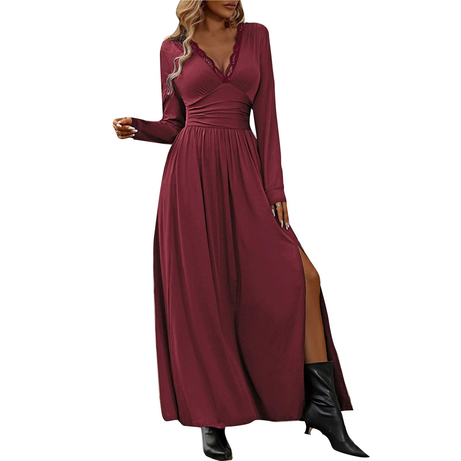 

Женское платье, однотонное, с V-образным вырезом, с длинным рукавом, повседневное, с разрезом, утягивающее платье XL винный