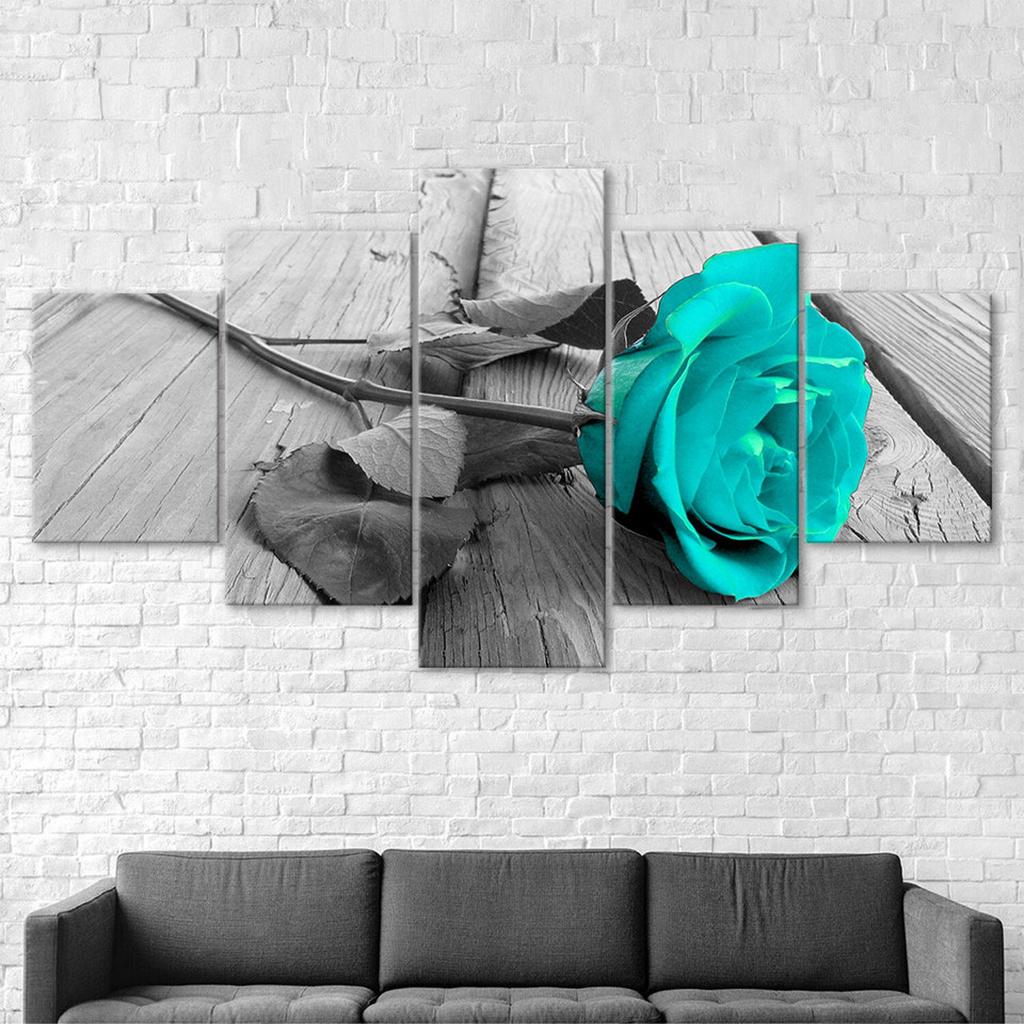 Beautiful Blue Rose Long Stem Flower 5 Piece Five Panel Wall Canvas Print Modern Art Poster Picture Home Decor Gift For Him For Her