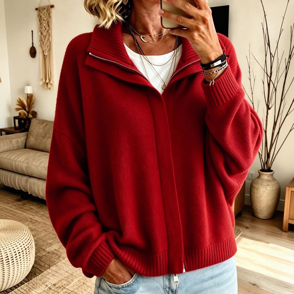 Women's Zip-Up Knit Cardigan with Lapel Collar Loose Fit Color Casual Sweater Jacket