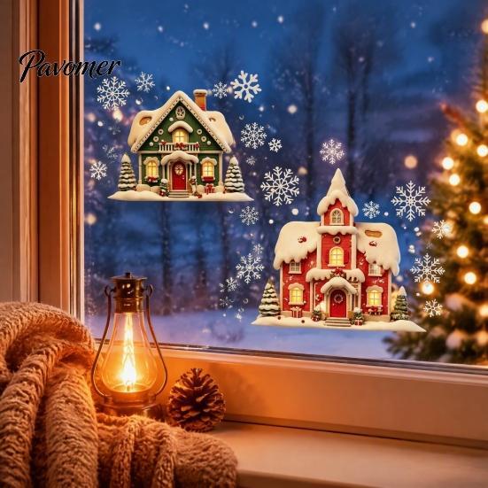 Christmas Window Clings Cabin Static Glass Stickers, PVC Snow House Windows Decals for Holiday Home Indoor Outdoor Decor Decor, Reusable Waterproof