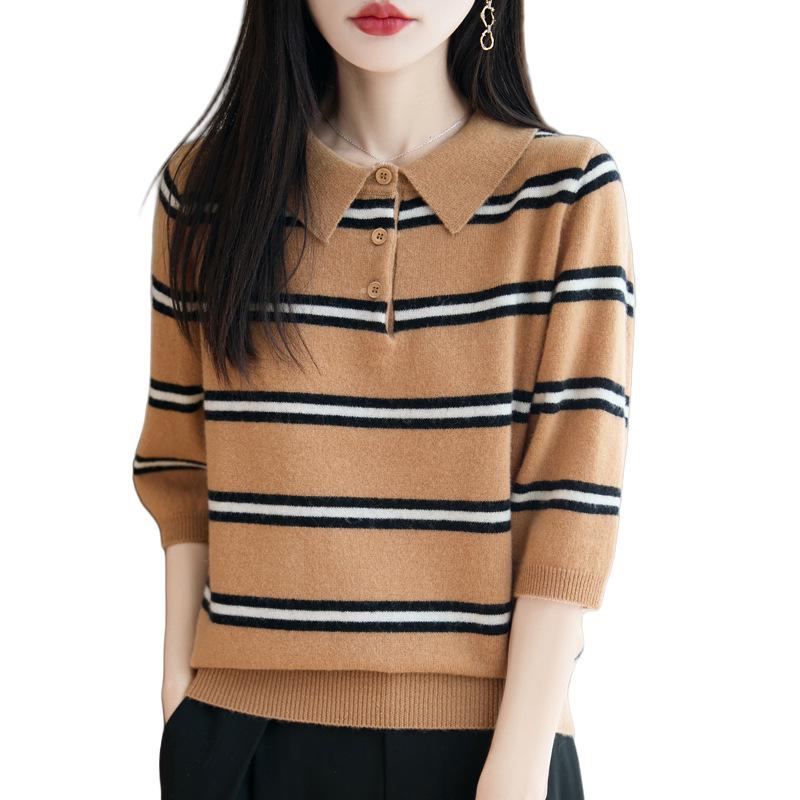 100% Pure Wool Women's Striped Color Block Lapel Knit T-shirt, Loose Five-Sleeve Base Layer Sweater