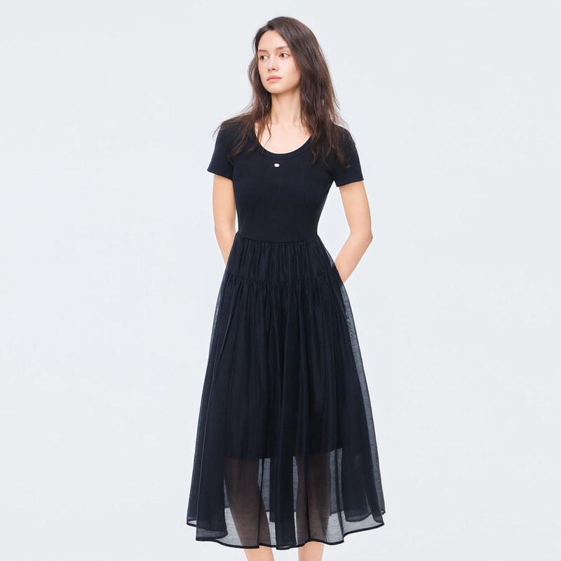 Tatu Elegant Knitted Patchwork Short Sleeve Midi Dress M