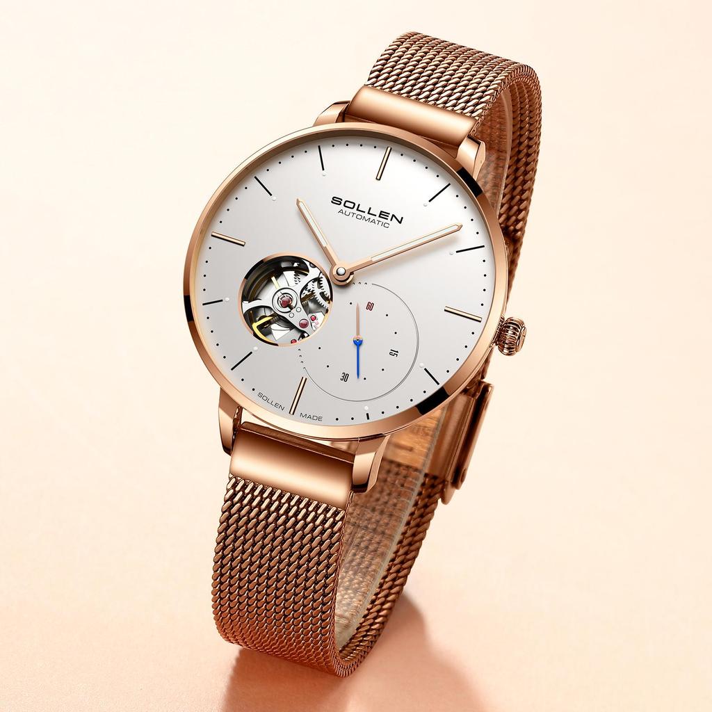Solon Petite Ladies' Skeletonized Automatic Mesh Band Watch - Korean Style 