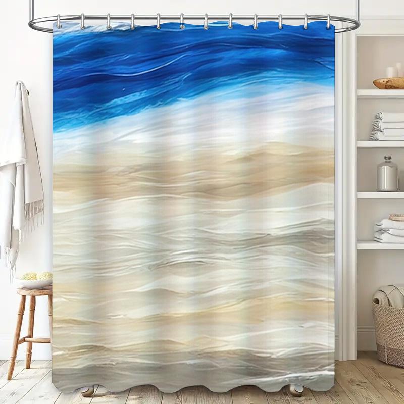 Blauer und weißer abstrakter Duschvorhang mit Strandszene zur Badezimmerdekoration Bedruckter Duschvorhang Wasserdichter Stoff Größe 180X200