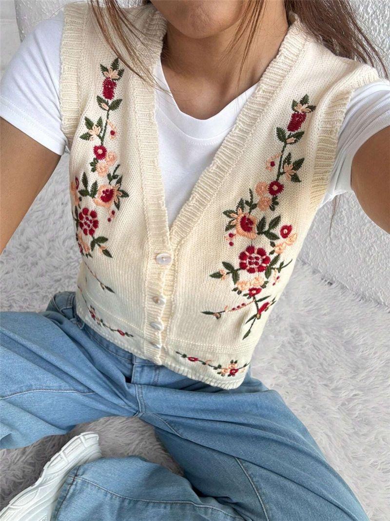Women S Embroidered Knitted Sweater Vest Casual V Neck Cardigan S абрикосовый