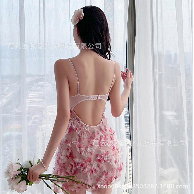 Sex underwear rose flower with chest pad pure desire fairy suspender hollow back tulle perspective
