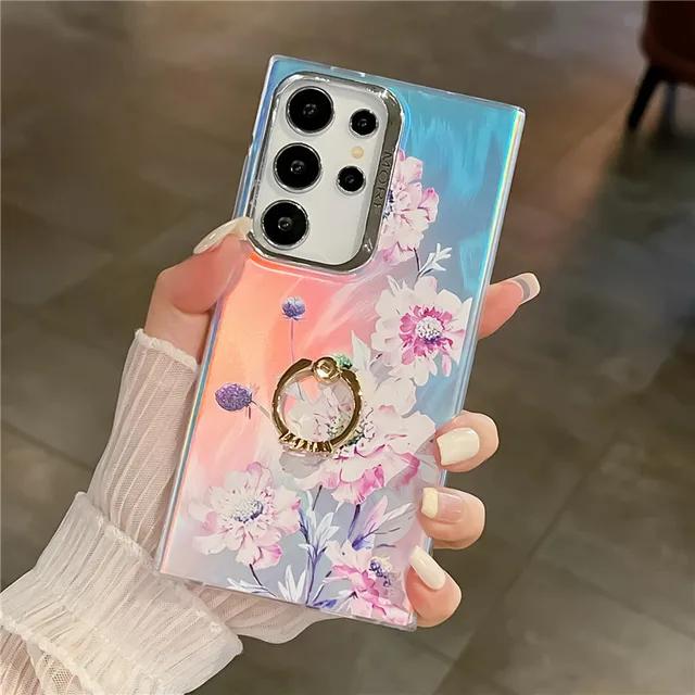 Diamond Ring Phone Holder Raser Case for Samsung A25 A54 A55 A15 A35 A14 A34 S24 Plus S22 Ultra S23 FE Flower Leaf Bling Cover