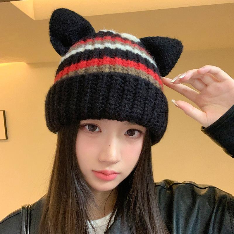 FallSeason and ColdSeason Hats for Women Cute Cat Ear Knitted Hat Ear Protection and Warm Wool Hat Styleable and Versatile Head Hat