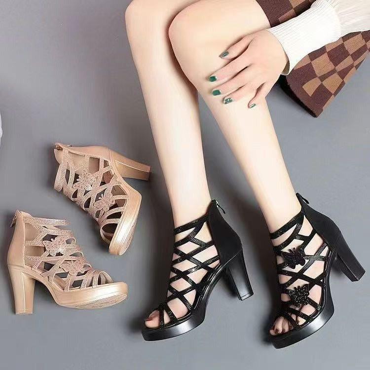 Soft Leather Sandals Summer New Fish Mouth Shoes Thick Heel Hollow Rhinestone High Heel Sandals