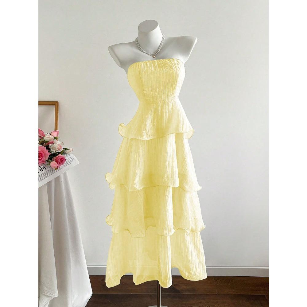 Women s Strapless Sleeveless Midi Dress High Waist Sweet Solid Ruffle Tiered Cake Dress XS жёлтый