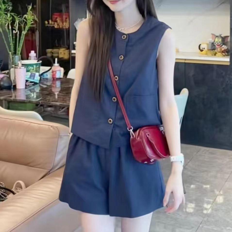 Women s Korean-Style Retro Summer Set: Loose Vest Top  High-Waisted Shorts S (below 98 jin)