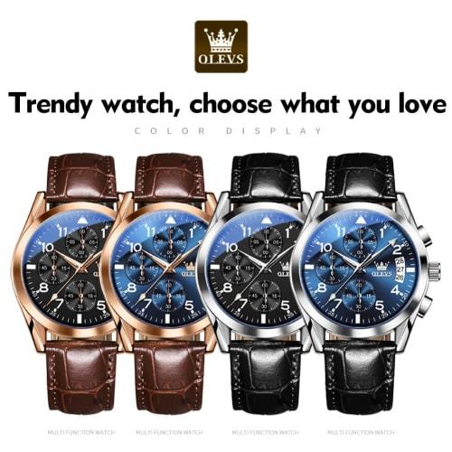 OLEVS Men's Business Waterproof Watch with Brown Leather Strap, Popular Wristwatch for Men, Easy-to-Read Clock, Date Display, Simple Quartz Movement,