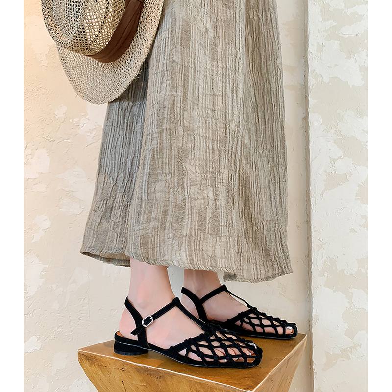 Krazing Pot Flock Summer Size 40 High Quality Slip on French Chic Thick Low Heels Sexy Lady Women Square Toe Sandals