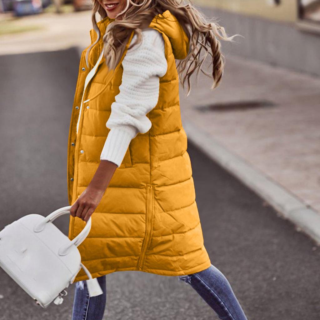 Women's Hooded Padded Vest Color Single-Breasted Mid-Length Slim Fit Sleeveless Jacket Coat