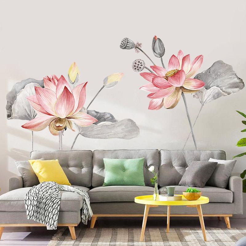 Lotus Flower Wall Sticker Self Adhesive Wallpaper for Living Room Bedroom Decor Sofa Background Wall Art Home Decoration