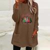 Women's Christmas Tree Print Plush Hoodie - Round Neck, Long Sleeve, Loose Fit, with Pockets. Perfect for Autumn/Winter.